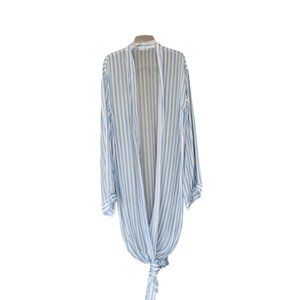 Striped Light Blue & White Women's Swim Coverup Kimono